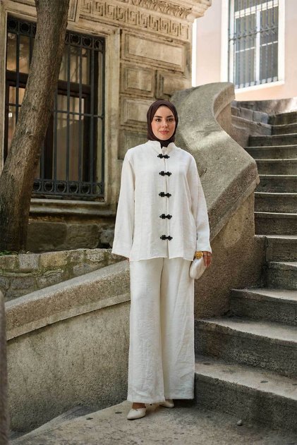 Women's Chinese Button Detail Waist Elastic Double Suit White