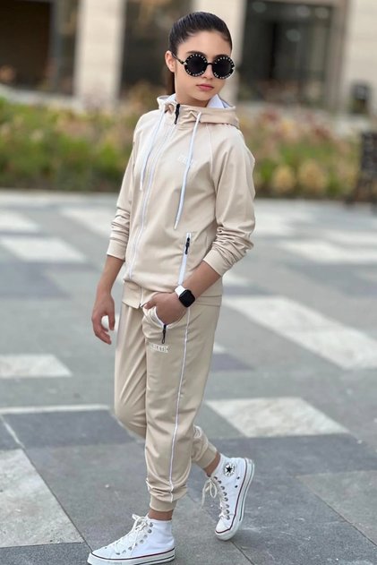 Girl's Scuba Atheletic Raglan Sleeve Hooded Diving Fabric Tracksuit Set Esf7027