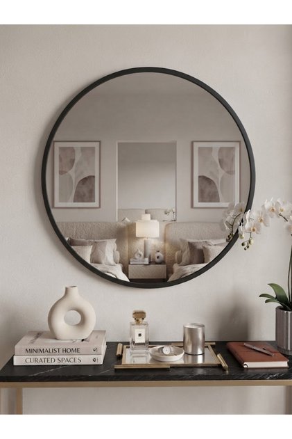 Siyah Metal Çerçeveli Yuvarlak Ayna 80-80 cm
