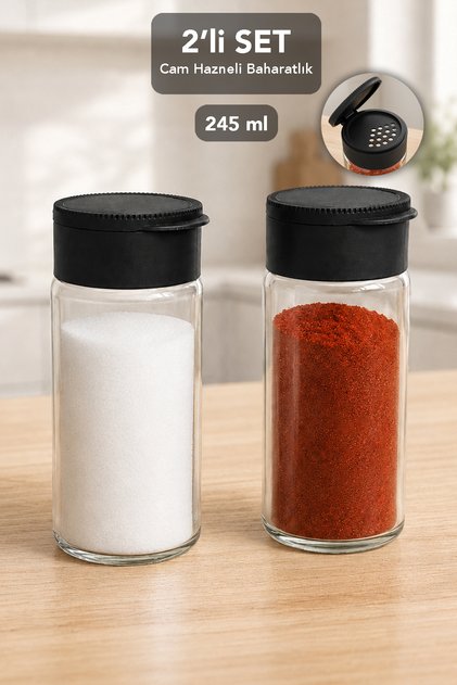 Set of 2 Large Glass Spice Jars - Modern Black Self-Capping Kitchen Organizer Spice Jar 245ml