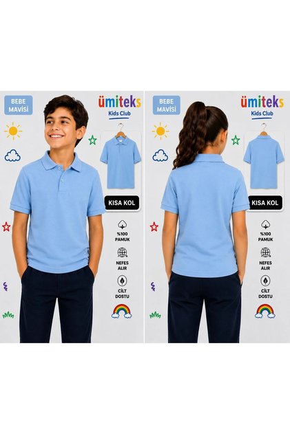 Unisex Polo Collar Short Sleeve Baby Blue School T-Shirt