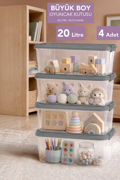 4-Piece Organizer with Locking Lid - Baby Room Toy Storage Box Children's Item Organizer 20Lt Gray