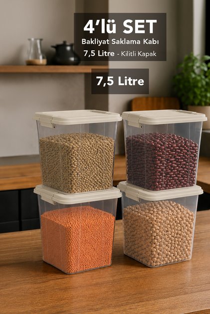 4 Pieces 7.5Lt Elora Organizer Box - Deep Kitchen Organizer with Lockable Lid Food Storage Container Beige