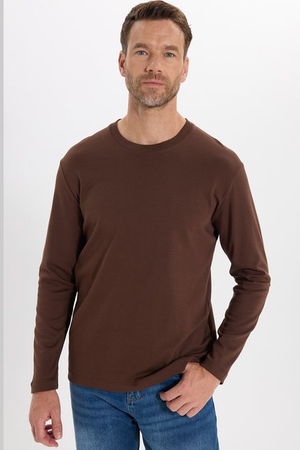 Unisex Relax Fit Rahat Kesim %100 Pamuk Uzun Kollu Bisiklet Yaka Kahverengi Basic Sweatshirt