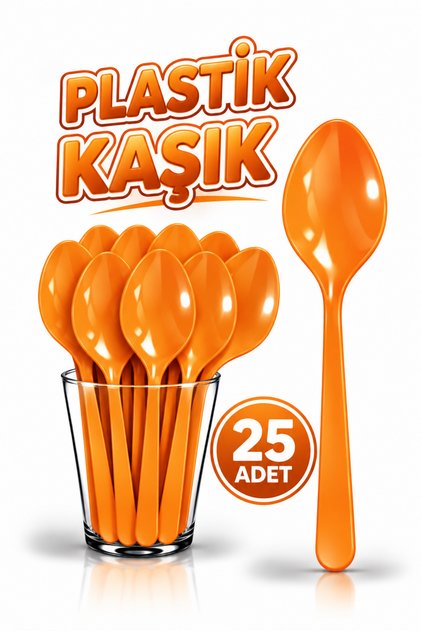 25 Adet Turuncu Renkli Kaşık Sert Dayanaklı Plastik Lüks Kullan At Doğum Günü Parti Sunum Kaşığı