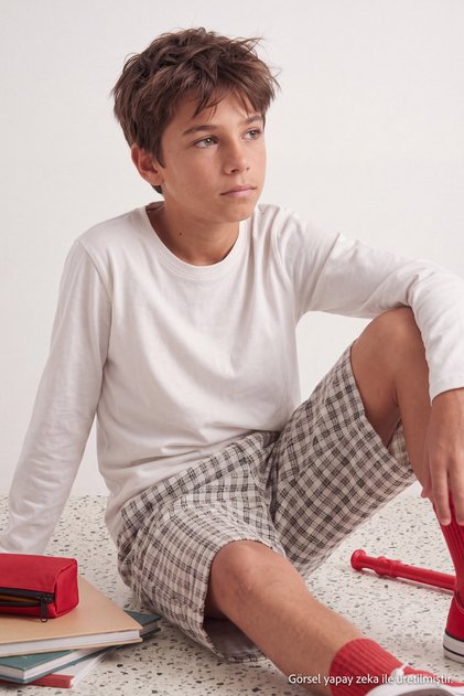 Ecru 100% Cotton Boys' Plain/Basic Crew Neck Knitted School T-Shirt Tkdaw27Ts00010