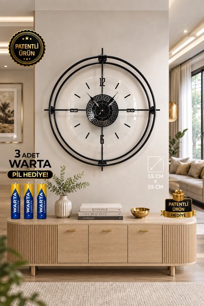 Çiftçember- Siyah -şeffaf Tamper Camlı-büyük Boy(55 CM)-(QAURTZ MEKANİZMALI) Duvar Saati