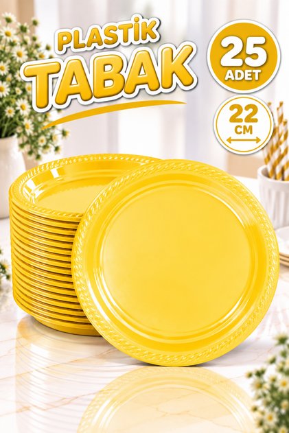 Sarı Renginde 22'cm 25'li Parlak Tabak Renkli Dayanıklı Plastik Doğum Günü Parti Tabağı