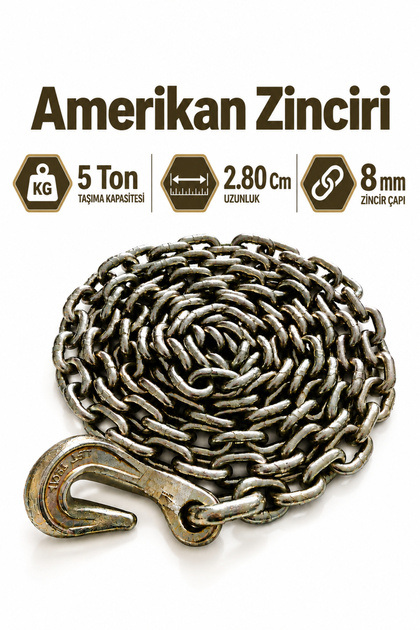 5 Ton Amerikan Zinciri 2.80 Metre 8 mm Eğri Kancalı Yük Taşıma Sabitleme Çelik Çekme Zinciri