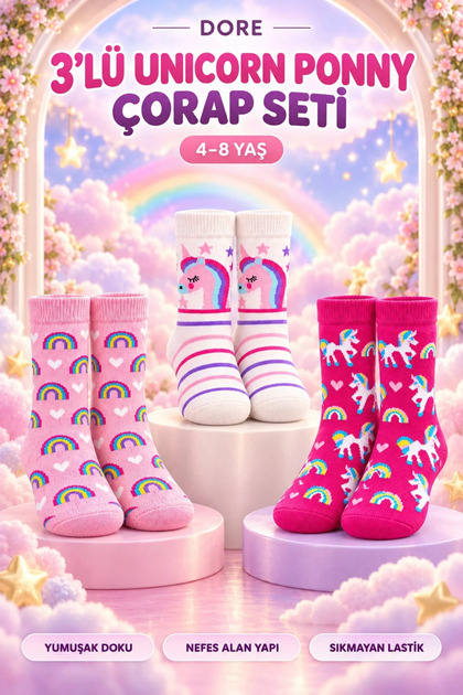 Orijinal Kız Çocuk 3'lü Unicorn Ponny Çorap Seti - Gökkuşağı ve Unicorn Desenli Cilt Dostu Nefes Alan Topuk Burun Takviyeli Yumuşak Dokulu Esnek Sıkmayan Lastikli 3 Çift Pamuklu Soket Çorap | 4-8 Yaş
