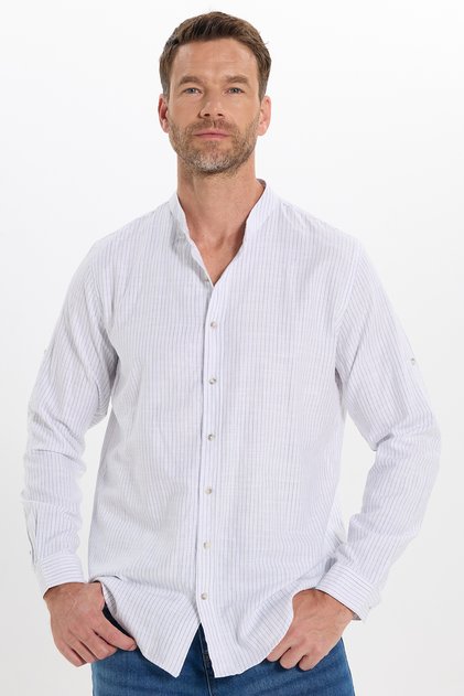 Men's Slim Fit Slim Fit Long Sleeve 100% Cotton Linen Texture Striped Prevailing Collar Shirt