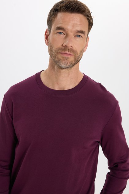 Unisex Relax Fit Comfortable Cut 100% Cotton Long Sleeve Crew Neck Burgundy Basic Sweatshirt