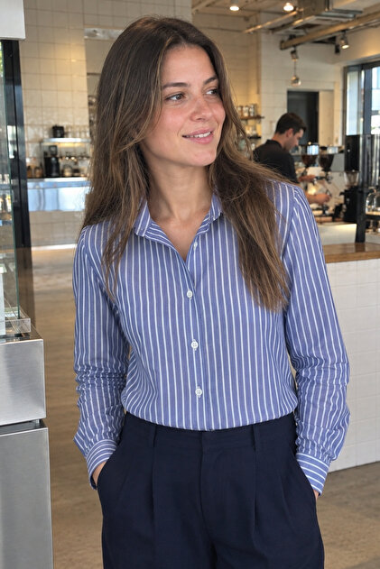 Women's Navy Blue Long Sleeve Striped Shirt ARM-20K001026