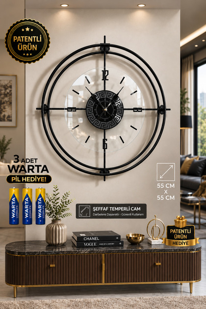 (xxl 65*65 ) Siyah Deluxe Şeffaf Cam Iskandinav Modern Dekoratif Duvar Saati