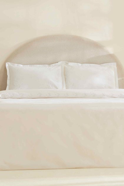 White Coll Rayas Embroidered 100% Cotton Double Duvet Cover Set White
