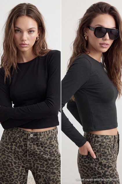 Siyah-Antrasit İkili Paket Crop/Kısa Fitted/Vücuda Oturan Örme Bluz TWOAW25BZ00061