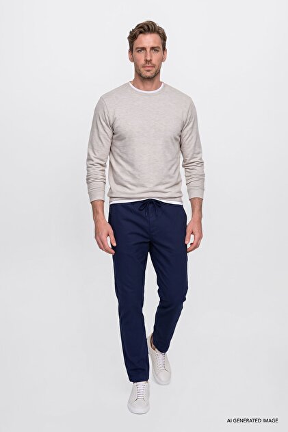 Men's Navy Blue Oversize Loose Fit Waist-Tied Cotton Flexible Dobby Side Pocket Trousers