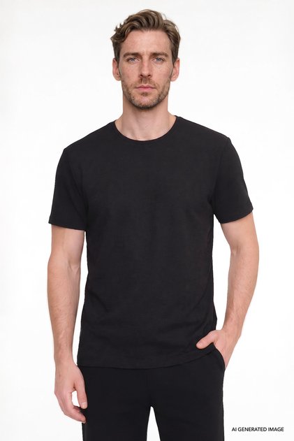 Men's Black Cotton Slim Fit Crew Neck Jacquard Stretch T-Shirt