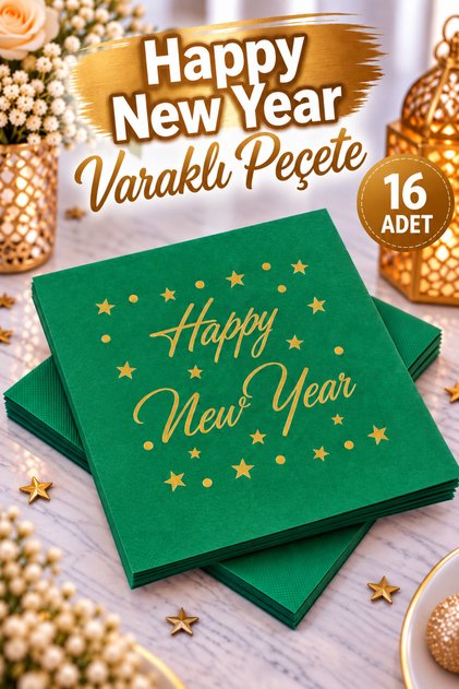 Yaldızlı Yılbaşı Peçete Happy New Year Parlak Baskılı Yıldız Detaylı Yeşil Renkli 16 Adet 16x16 Cm