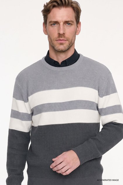 Men's Anthracite-Melange Standard Fit Regular Cut Crew Neck Patterned Knitwear Sweater