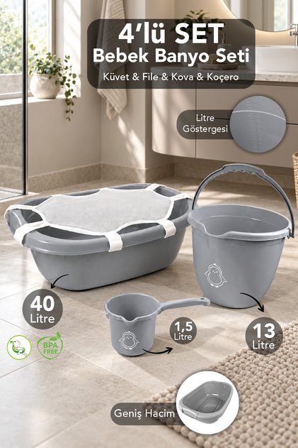 4'lü Set - Bebek Yıkama Banyo Küveti, Desenli Su Kovası, Maşrapa, Gri - Yıkama Filesi Hediye