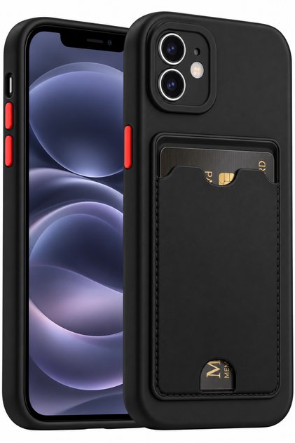 iPhone 12 Kılıf Kamera Korumalı Kartlıklı Cüzdanlı Kırmızı Tuşlu Siyah Silikon Kapak