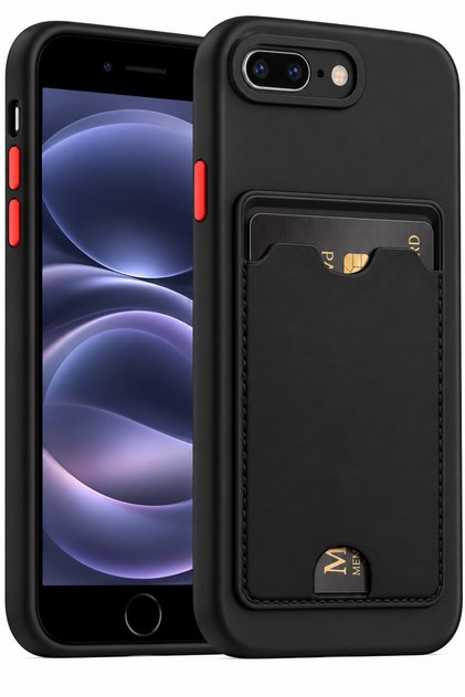 iPhone 7 Plus/8 Plus Compatible Case with Camera Protection, Card Holder, Wallet, Black Buttons, Black Silicone Cover