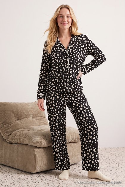 Black 100% Cotton Leopard Printed Shirt-Pants Knitted Pajama Set THMAW21PT0489