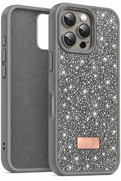 iPhone 16 Pro Max Kılıf Içi Kadife Elmas (Jelatini Sökünüz) Tasarımlı Gri Taşlı Işıltılı Pırlanta Silikon Kapak