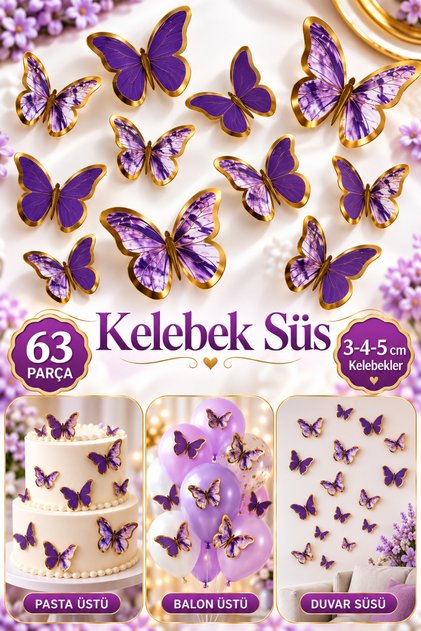 63 Adet Kelebek Pasta ve Balon Zinciri Süsü Mor 4-6 Cm Parlak Gold Yaldızlı Sert Karton Parti Süs