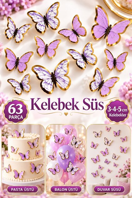 63 Adet Kelebek Pasta ve Balon Zinciri Süsü Lila 4-6 Cm Parlak Gold Yaldızlı Sert Karton Parti Süs