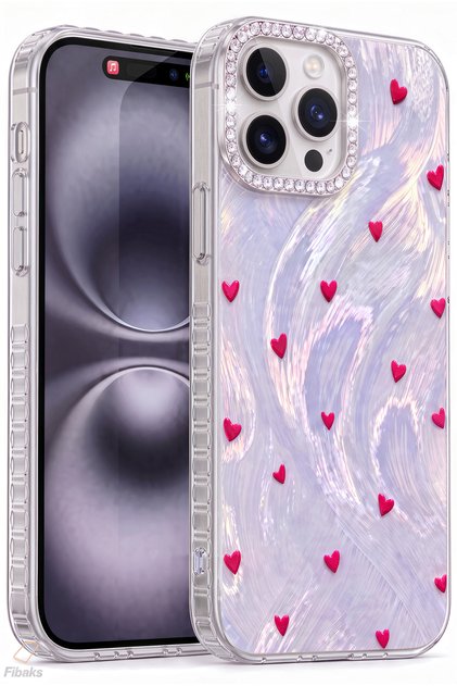 iPhone 14 Pro Max / 15 Pro Max Case Glittering Love Series with Stone Camera Frame, Heart Pattern, Pearl Appearance, Luxurious Silicone