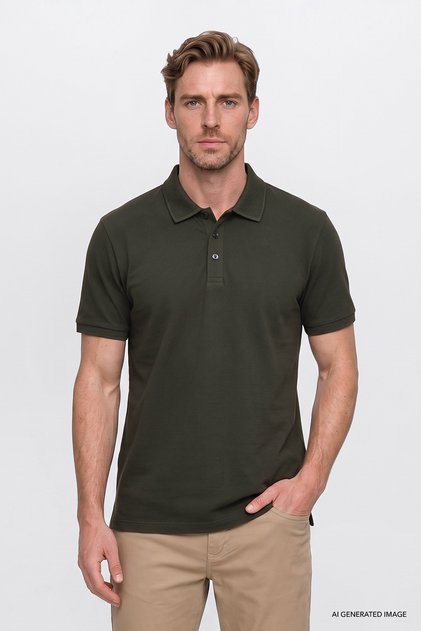 Men's Khaki 100% Cotton Non-Curling Pique Polo Collar Slim Fit Slim Fit T-Shirt