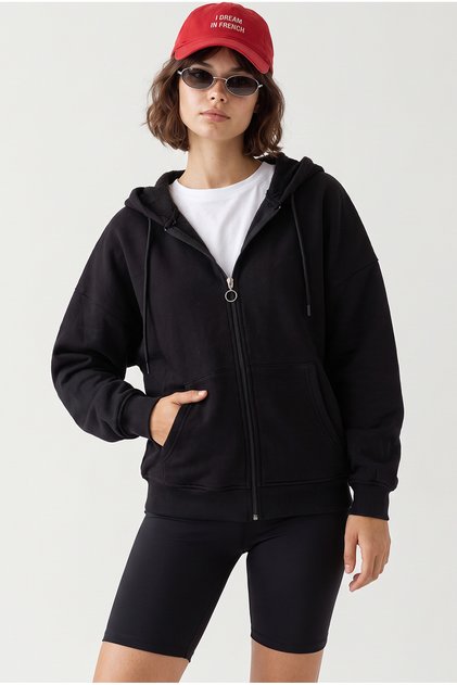 Oversize Kapüşonlu Fermuarlı Cepli Hırka