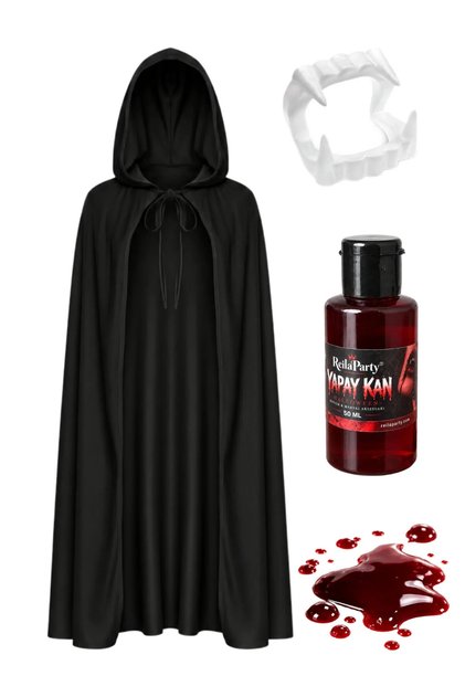 Halloween Vampir Kostüm Aksesuar Seti — Kapüşonlu Pelerin, Yapay Kan ve Vampir Dişi Cadılar Bayramı