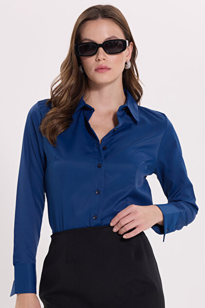 Women's slim fit, body-hugging navy blue shirt with classic collar, long sleeves, and lycra detail.