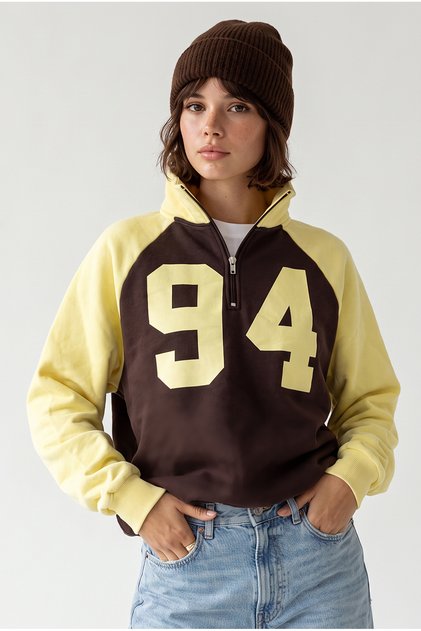 Yarım Fermuarlı Reglan Kol Sweatshirt Kahverengi Sarı