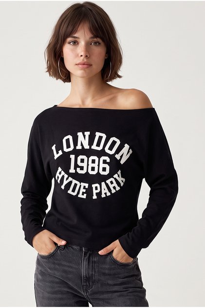 Kayık Yaka London Baskılı Viskon Uzun Kollu T-Shirt Siyah