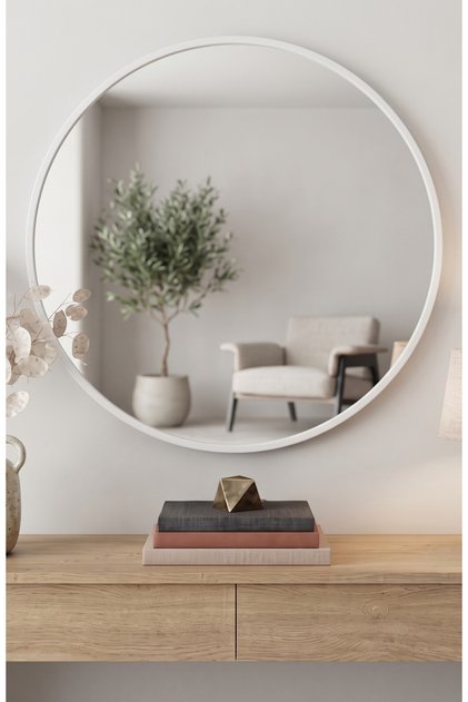 Beyaz Metal Çerçeveli Yuvarlak Ayna 70-70 cm