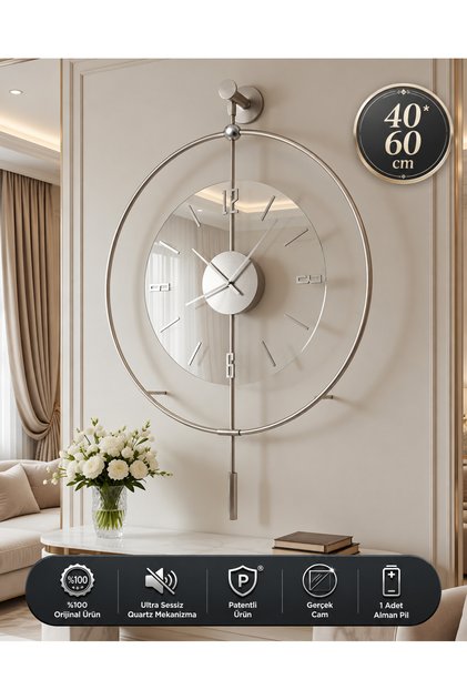 Gümüş Luxry -(40x60) Şeffaf Tamper Camlı , Modern Dekoratif Metal Duvar Saati