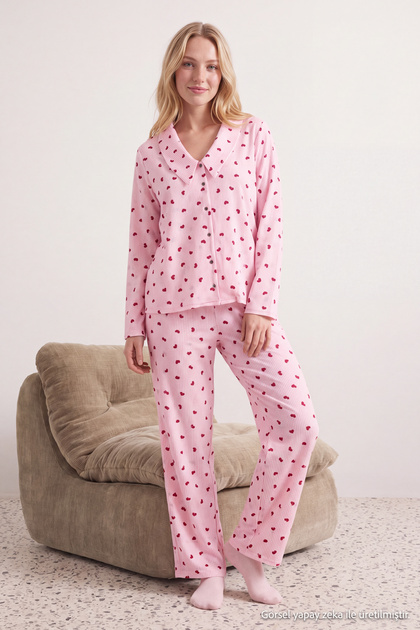 Pembe Çizgili Viskon Dokuma Pijama Takımı THMAW26PT00106