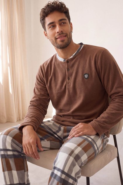 Brown White Plaid Patterned Fleece Men's Pajama Set