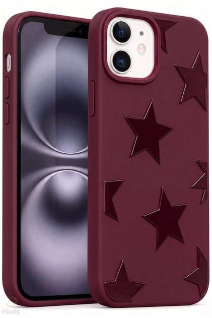 iPhone 12 / 12 Pro Kılıf Bordo Yıldız Star Desenli Silikon Darbe Emici Klasik Silikon Kapak