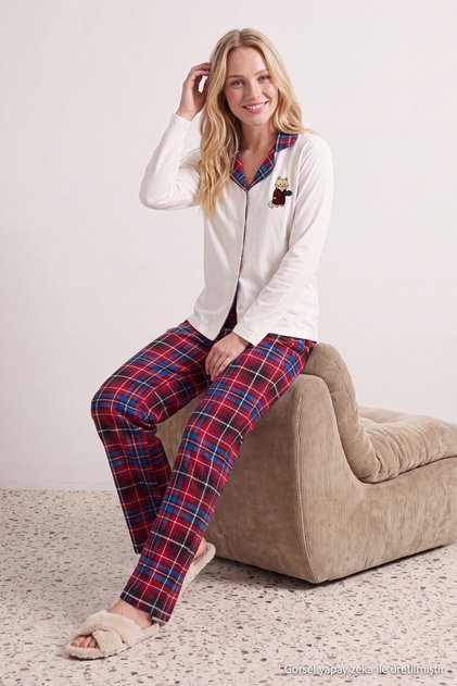 Ecru 100% Cotton Checkered Cat Printed Knit Pajama Set THMAW26PT00153