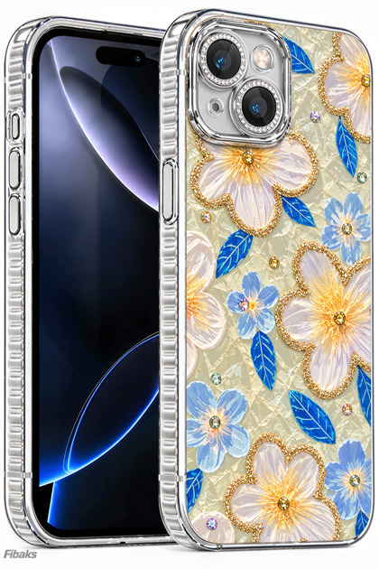 iPhone 15 Kılıf Renk Geçişli Taşlı Kamera Lens Korumalı Simli Yeşil Çiçek Desenli Darbe Emici Kapak