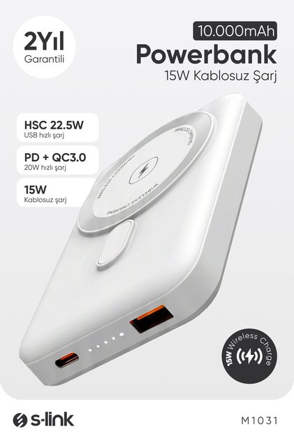 M1031 10000mAh Magsafe 15W HSC22.5W+PD20W+QC3.0 Beyaz Taşınabilir Şarj Cihazı Powerbank