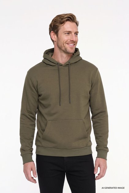 Erkek Haki Standart Fit Normal Kesim Içi Polarlı 3 Iplik Kapüşonlu Kanguru Cepli Pamuklu Sweatshirt