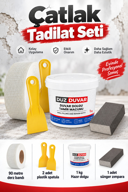 (5'Li) Duvar Tamir Seti Beyaz 1000 Gr Dolgu Macunu 2 Adet Plastik Spatula Kübik Zımpara Derz Bandı