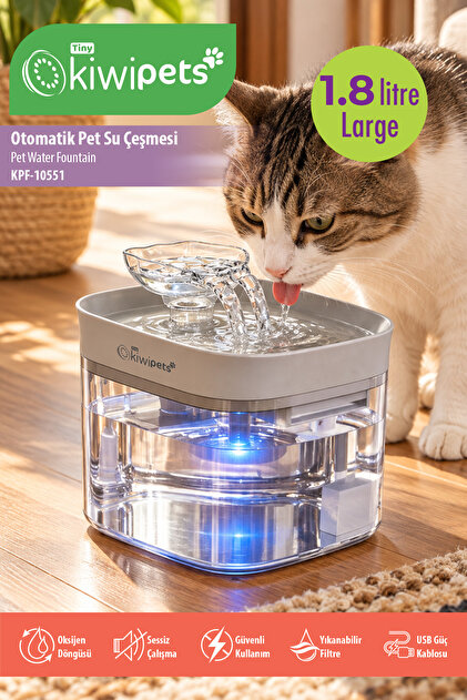 KPF-10551 Sessiz Otomatik Pet Su Çeşmesi | 1,8 L & Sessiz Motor & Yıkanabilir Filtre