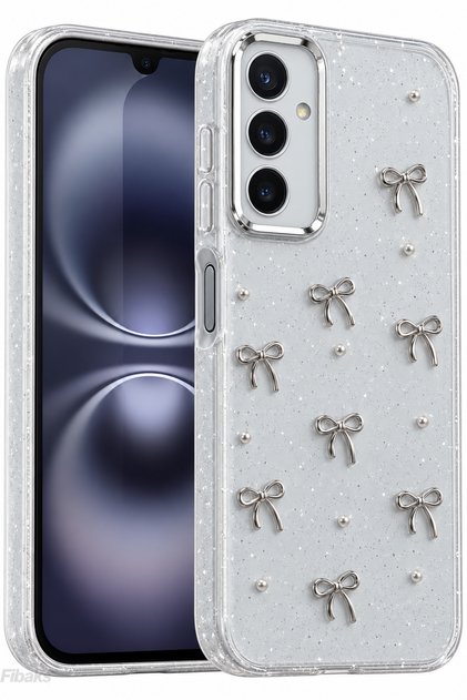 Galaxy A16 Kılıf Fiyonk Desenli Şeffaf Simli Gümüş Kamera Çıkıntılı Parlak Kapak